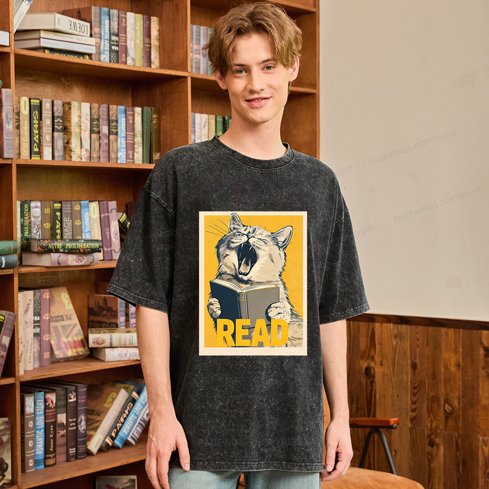 Pagewings Cat Read Books Unisex Washed T-shirt