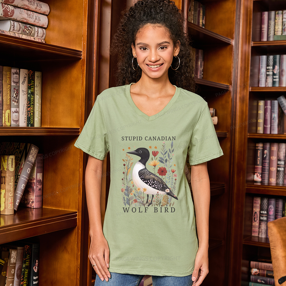 Pagewings Stupid Canadian Wolf Bird V-neck T-shirt
