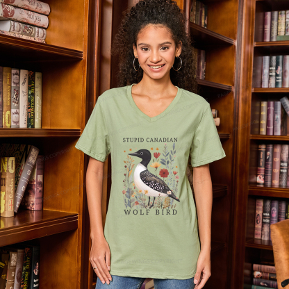 Pagewings Stupid Canadian Wolf Bird V-neck T-shirt