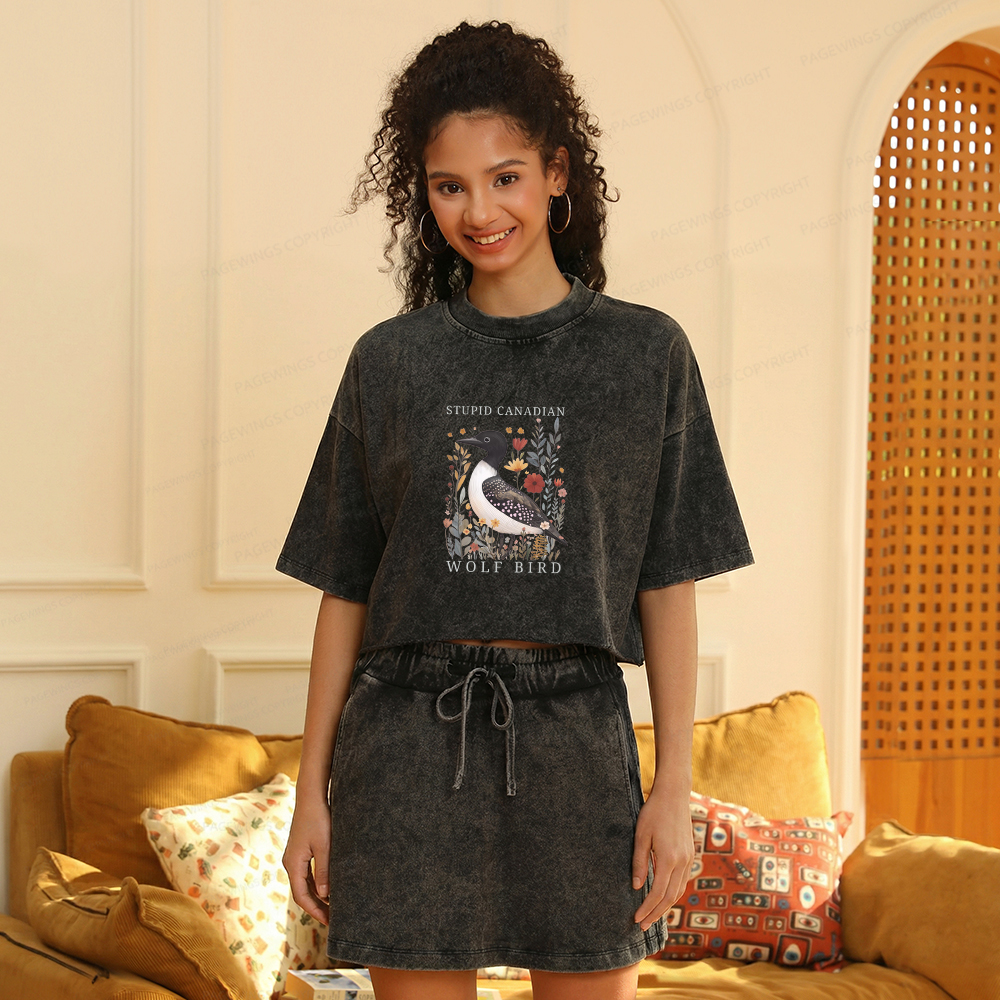 Pagewings Stupid Canadian Wolf Bird Women's Washed Cropped T-shirt