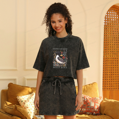 Pagewings Stupid Canadian Wolf Bird Women's Washed Cropped T-shirt