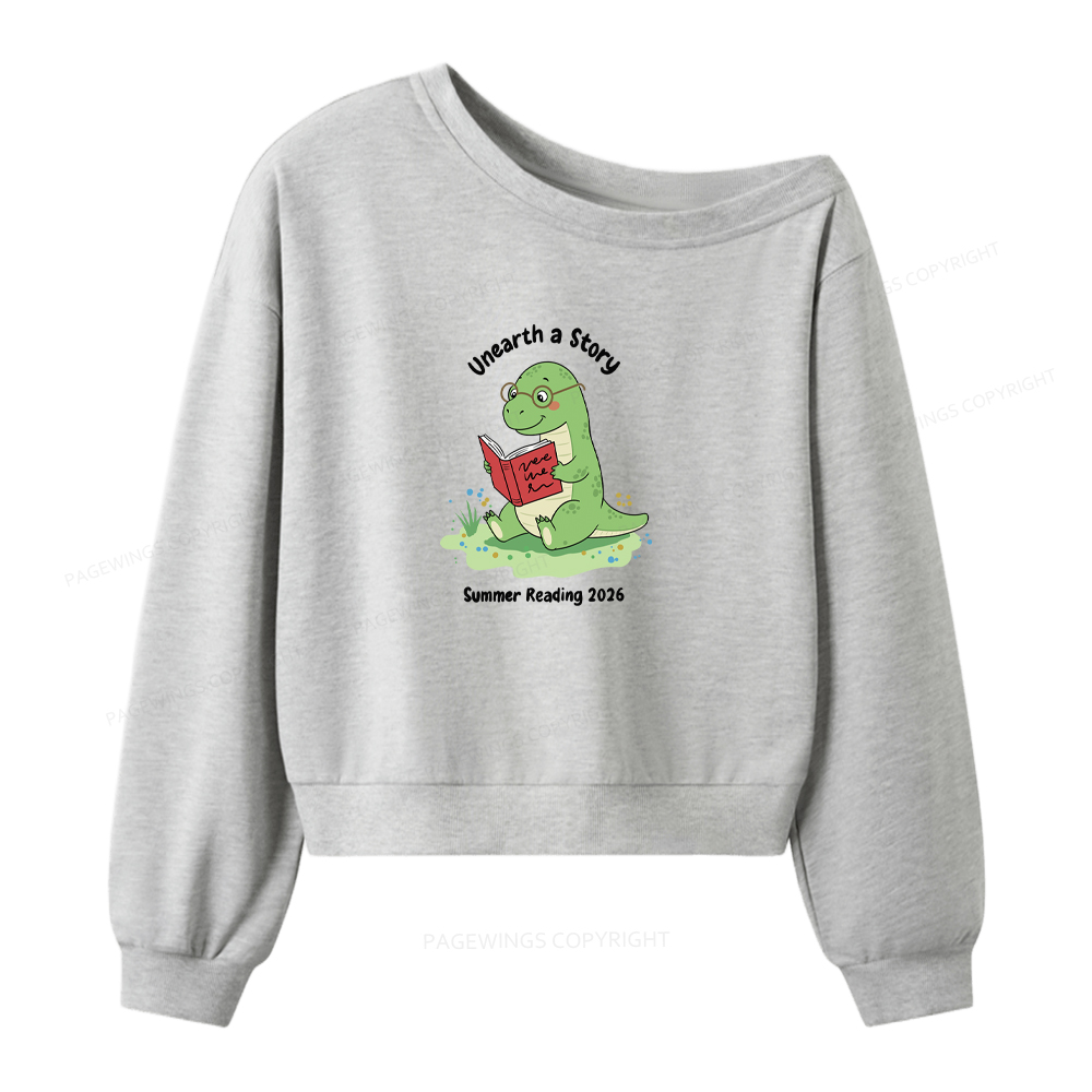 Pagewings Unearth A Story Dinosaur Summer Reading Women Off Shoulder Sweatshirt