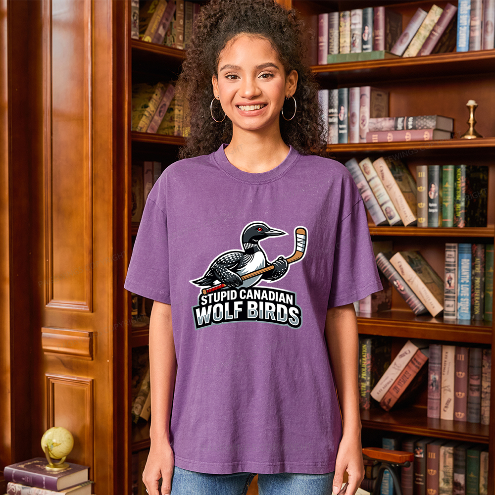 Pagewings Stupid Canadian Wolf Birds Funny Unisex Washed T-shirt