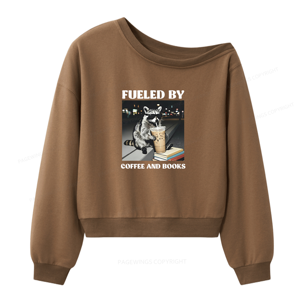 Pagewings Raccoon Reading And Drinking Iced Coffee Women Off Shoulder Sweatshirt