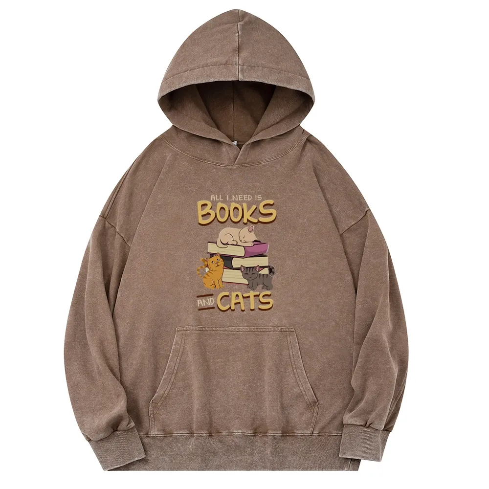 Pagewings All I Need Is Books And Cats Unisex Washed Hoodie