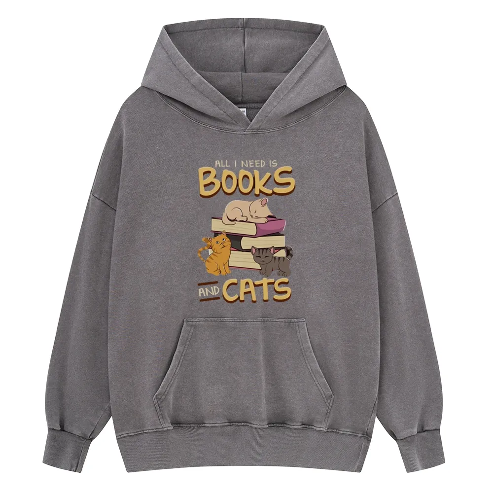 Pagewings All I Need Is Books And Cats Unisex Washed Hoodie