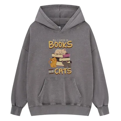 Pagewings All I Need Is Books And Cats Unisex Washed Hoodie