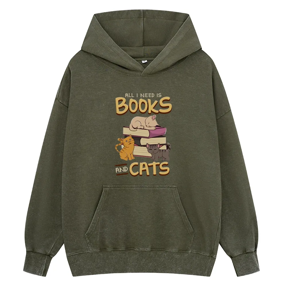 Pagewings All I Need Is Books And Cats Unisex Washed Hoodie