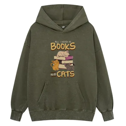 Pagewings All I Need Is Books And Cats Unisex Washed Hoodie