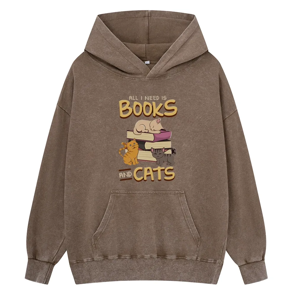 Pagewings All I Need Is Books And Cats Unisex Washed Hoodie