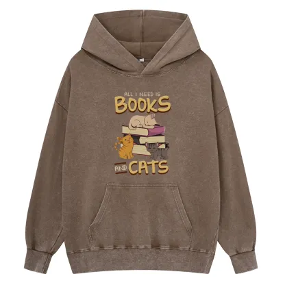 Pagewings All I Need Is Books And Cats Unisex Washed Hoodie