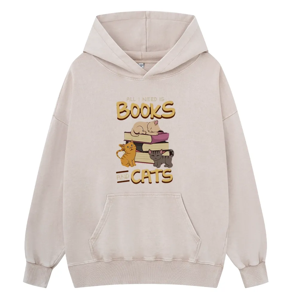 Pagewings All I Need Is Books And Cats Unisex Washed Hoodie