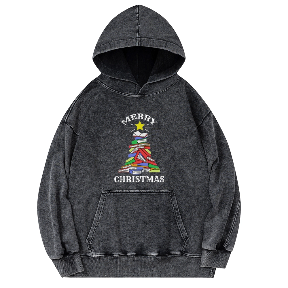 Pagewings Merry Christmas Book Tree Unisex Washed Hoodie