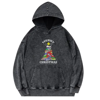 Pagewings Merry Christmas Book Tree Unisex Washed Hoodie