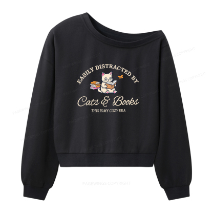 Pagewings Cats and Books Women Off Shoulder Sweatshirt