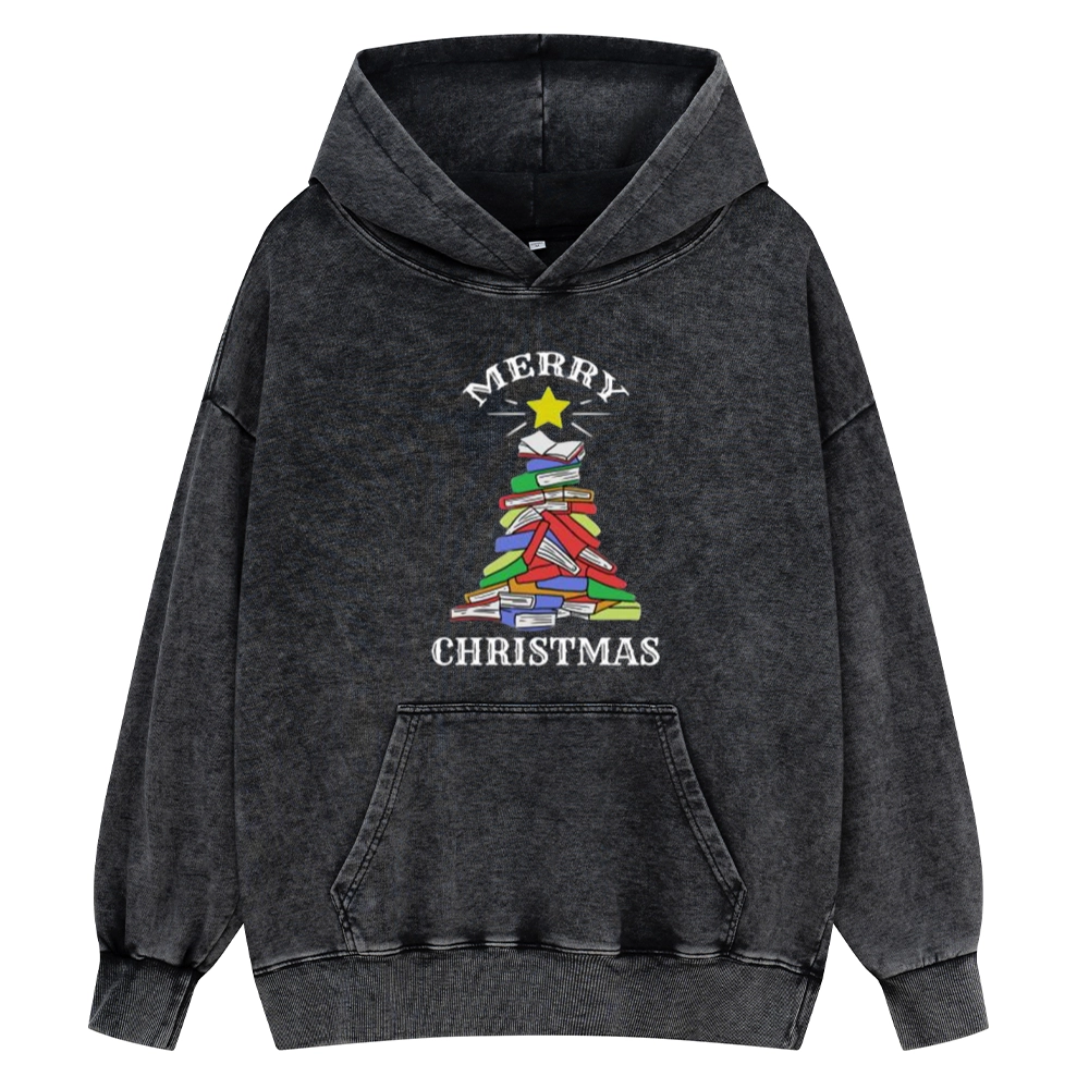 Pagewings Merry Christmas Book Tree Unisex Washed Hoodie