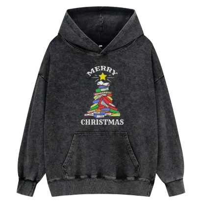 Pagewings Merry Christmas Book Tree Unisex Washed Hoodie
