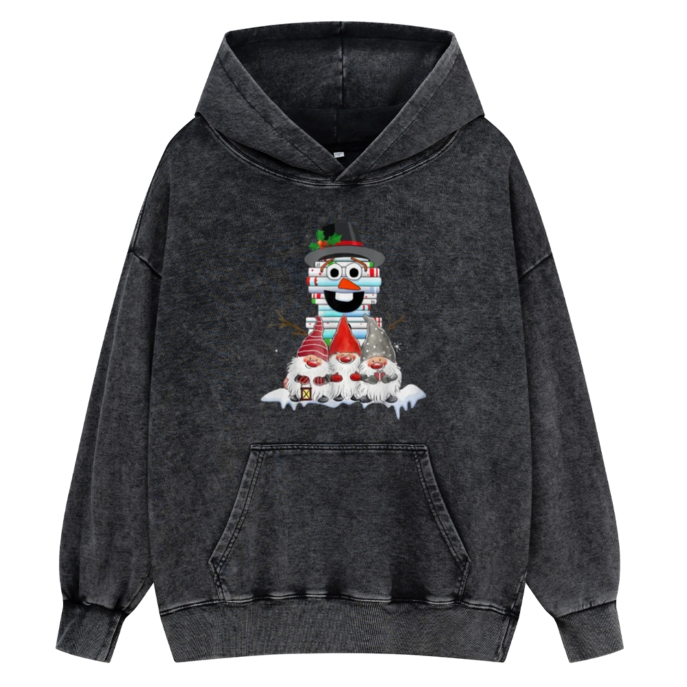 Pagewings Snowman Book Christmas Stack Gnome Librarian Book Unisex Washed Hoodie