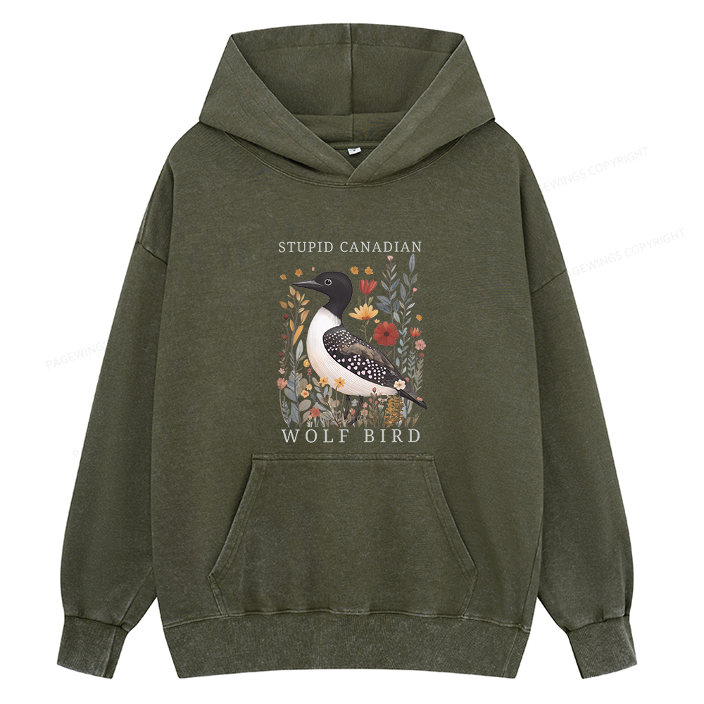 Pagewings Stupid Canadian Wolf Bird Unisex Washed Hoodie