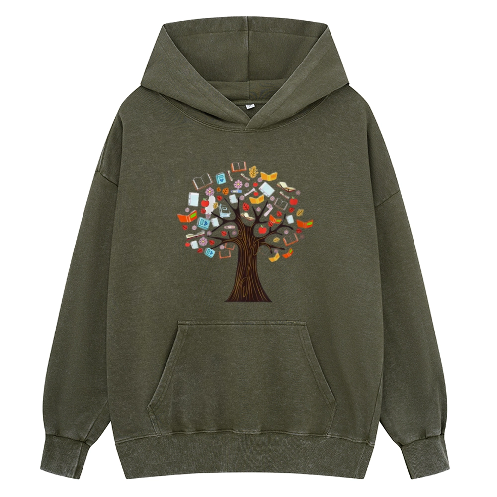 Pagewings Book Tree Vintage Graphic Unisex Washed Hoodie