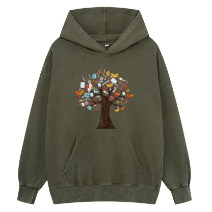 Pagewings Book Tree Vintage Graphic Unisex Washed Hoodie