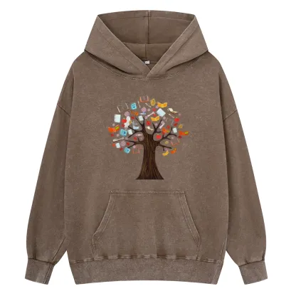 Pagewings Book Tree Vintage Graphic Unisex Washed Hoodie