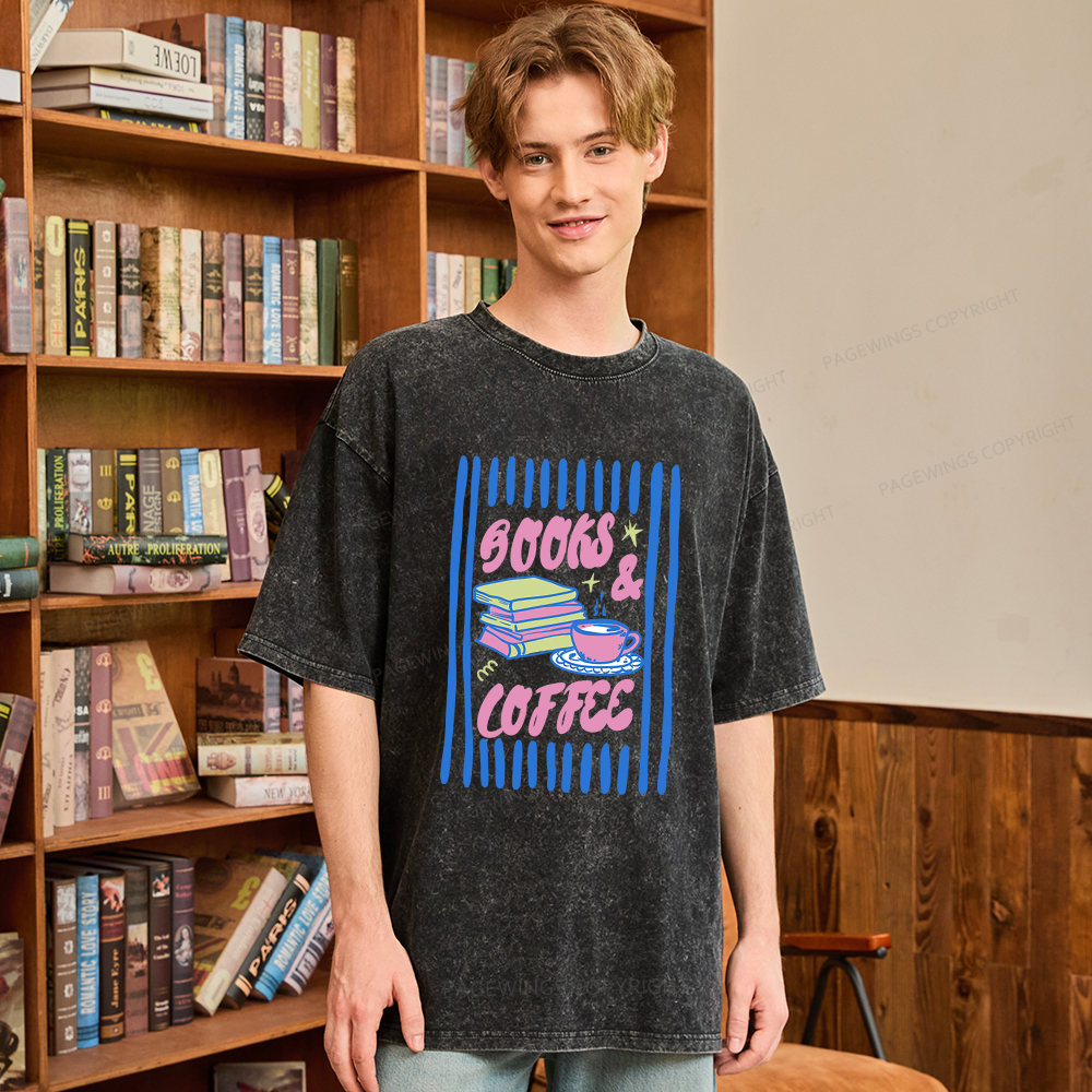 Pagewings Books And Coffee Unisex Washed T-shirt