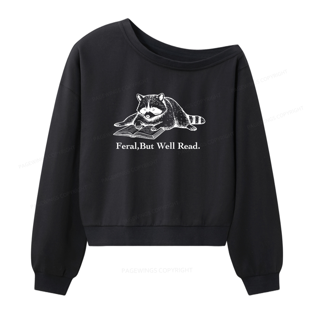 Pagewings Bookish Feral Raccoon Women Off Shoulder Sweatshirt