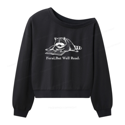 Pagewings Bookish Feral Raccoon Women Off Shoulder Sweatshirt