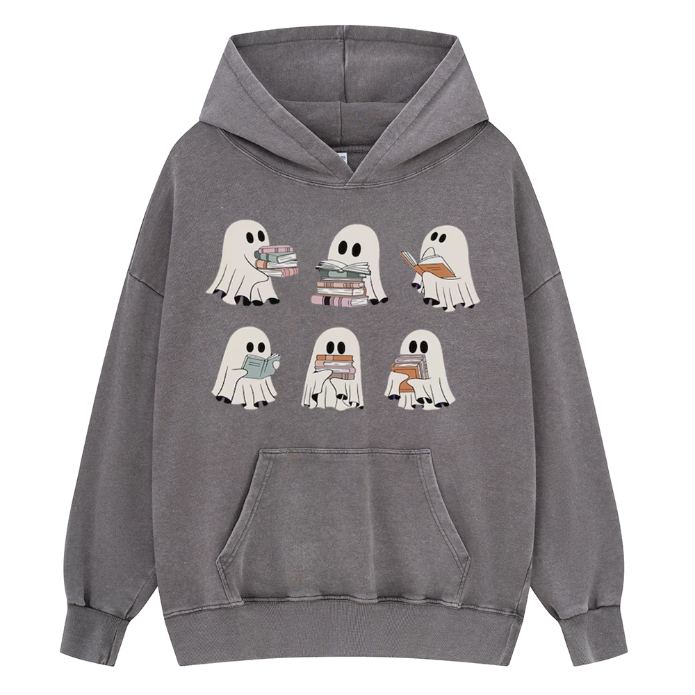 Pagewings Ghost Reading Halloween Unisex Washed Hoodie