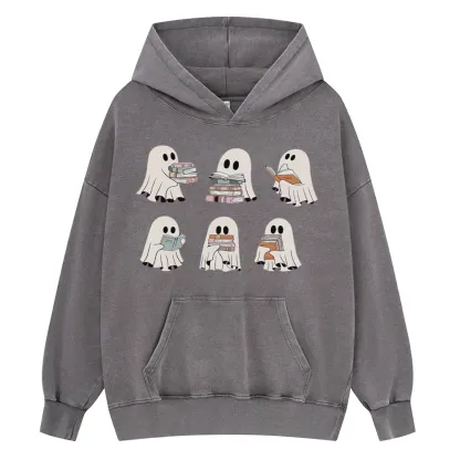 Pagewings Ghost Reading Halloween Unisex Washed Hoodie