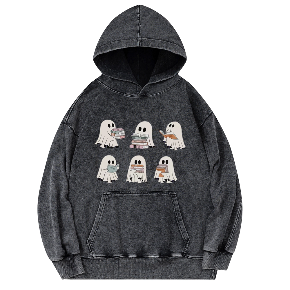 Pagewings Ghost Reading Halloween Unisex Washed Hoodie