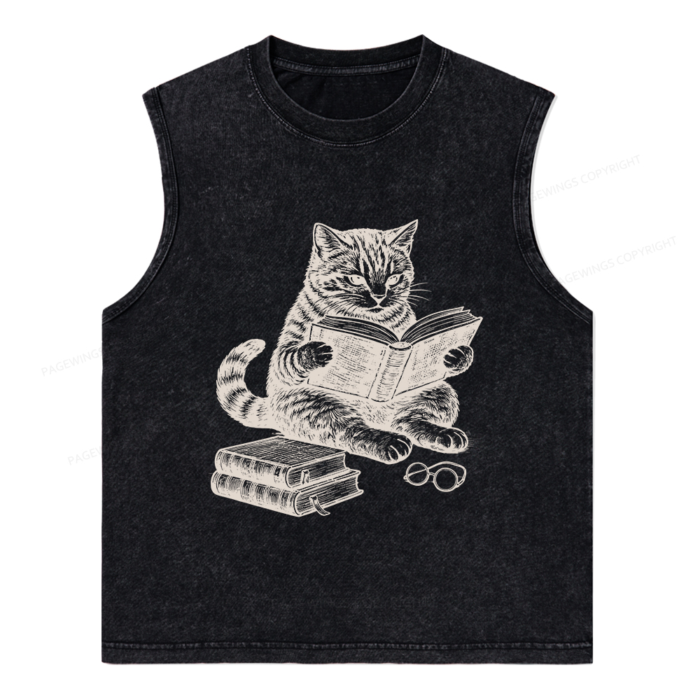 Pagewings Cat Reading Book Unisex Washed Tank Top