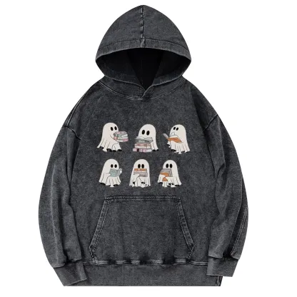 Pagewings Ghost Reading Halloween Unisex Washed Hoodie
