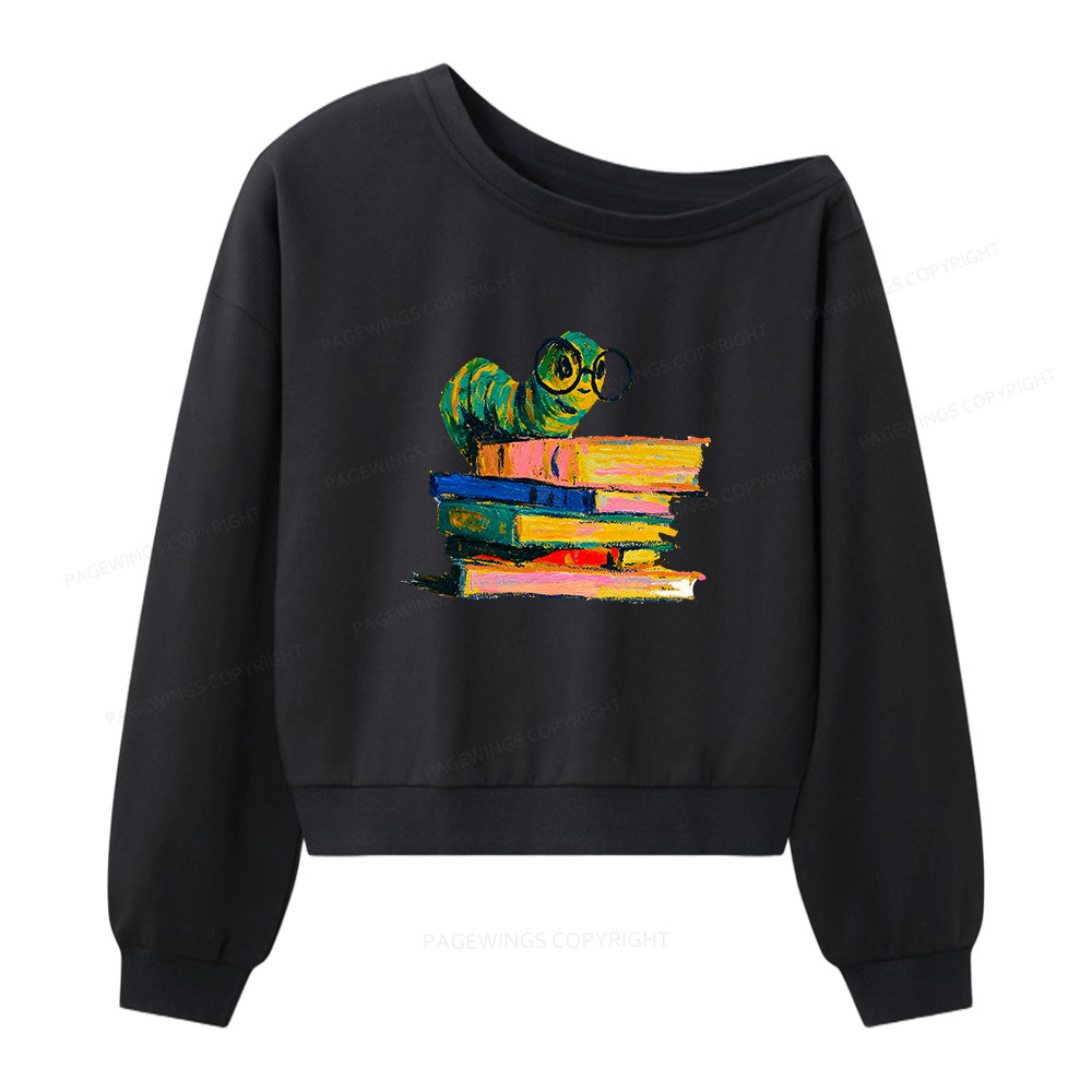 Pagewings Cute Bookworm Women Off Shoulder Sweatshirt