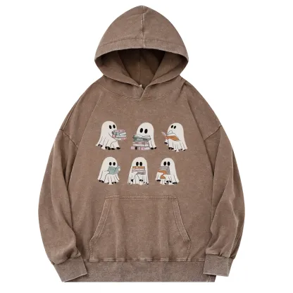 Pagewings Ghost Reading Halloween Unisex Washed Hoodie