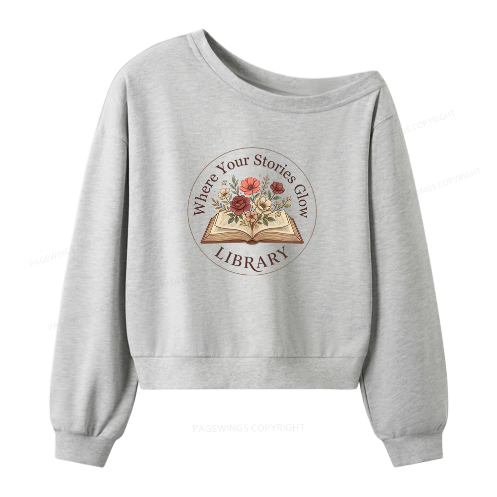 Pagewings Where Your Stories Glow Library Women Off Shoulder Sweatshirt