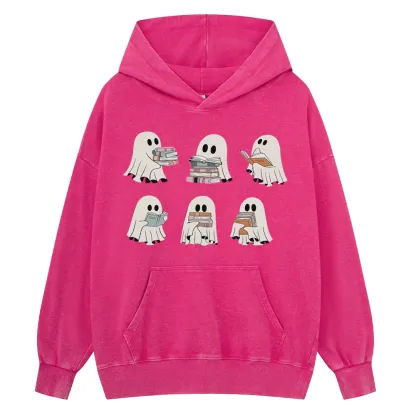 Pagewings Ghost Reading Halloween Unisex Washed Hoodie