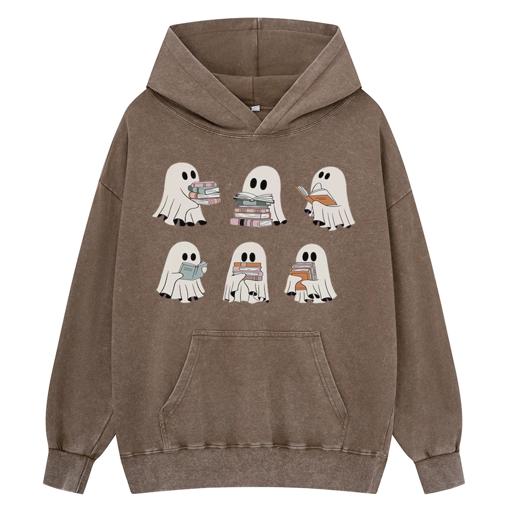 Pagewings Ghost Reading Halloween Unisex Washed Hoodie
