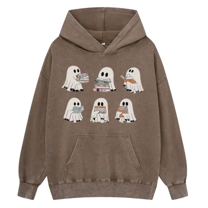 Pagewings Ghost Reading Halloween Unisex Washed Hoodie