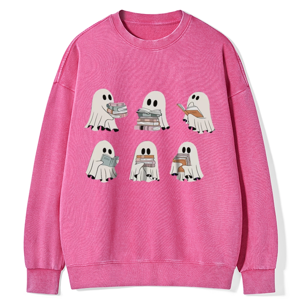 Pagewings Ghost Reading Halloween Unisex Washed Sweatshirt