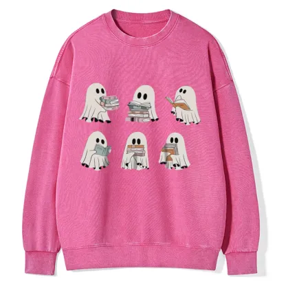 Pagewings Ghost Reading Halloween Unisex Washed Sweatshirt