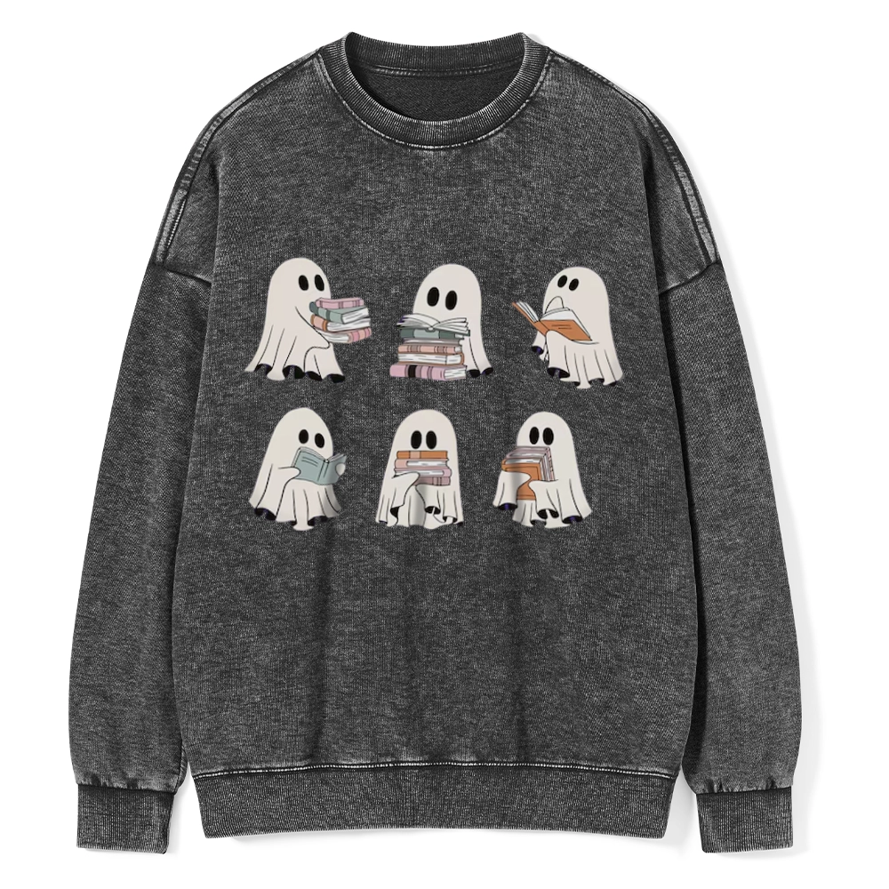Pagewings Ghost Reading Halloween Unisex Washed Sweatshirt