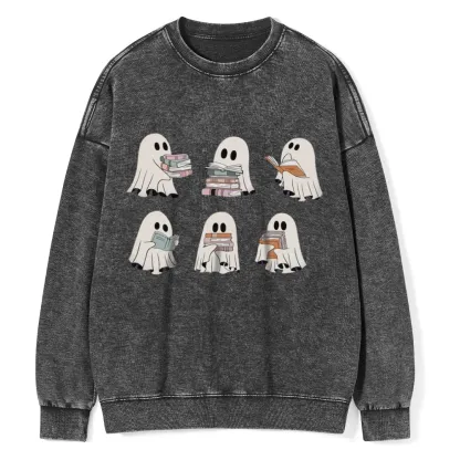 Pagewings Ghost Reading Halloween Unisex Washed Sweatshirt