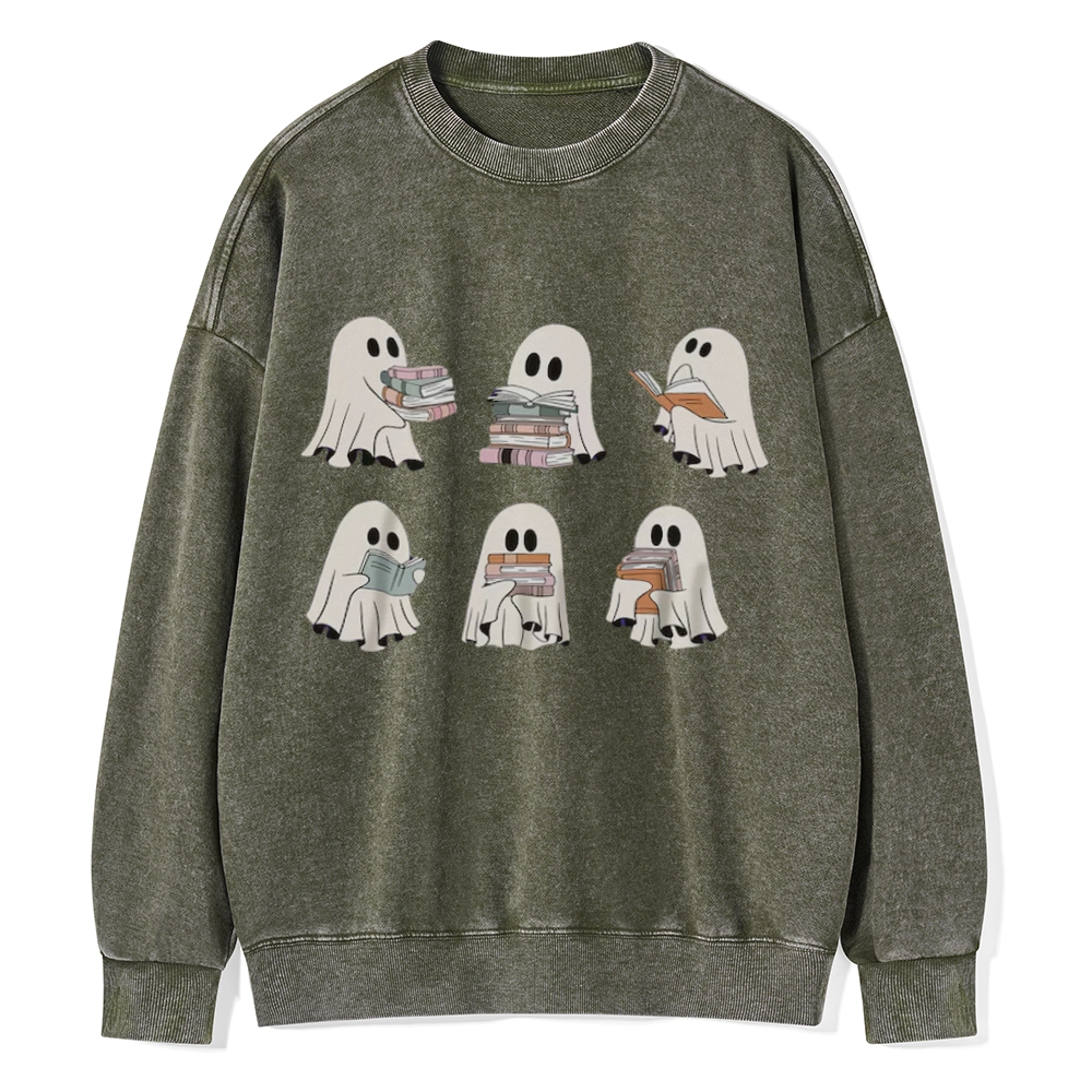 Pagewings Ghost Reading Halloween Unisex Washed Sweatshirt