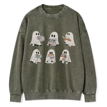 Pagewings Ghost Reading Halloween Unisex Washed Sweatshirt