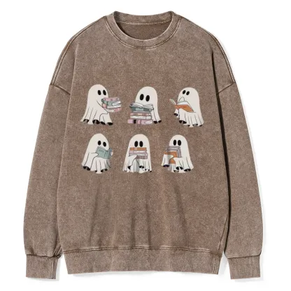 Pagewings Ghost Reading Halloween Unisex Washed Sweatshirt