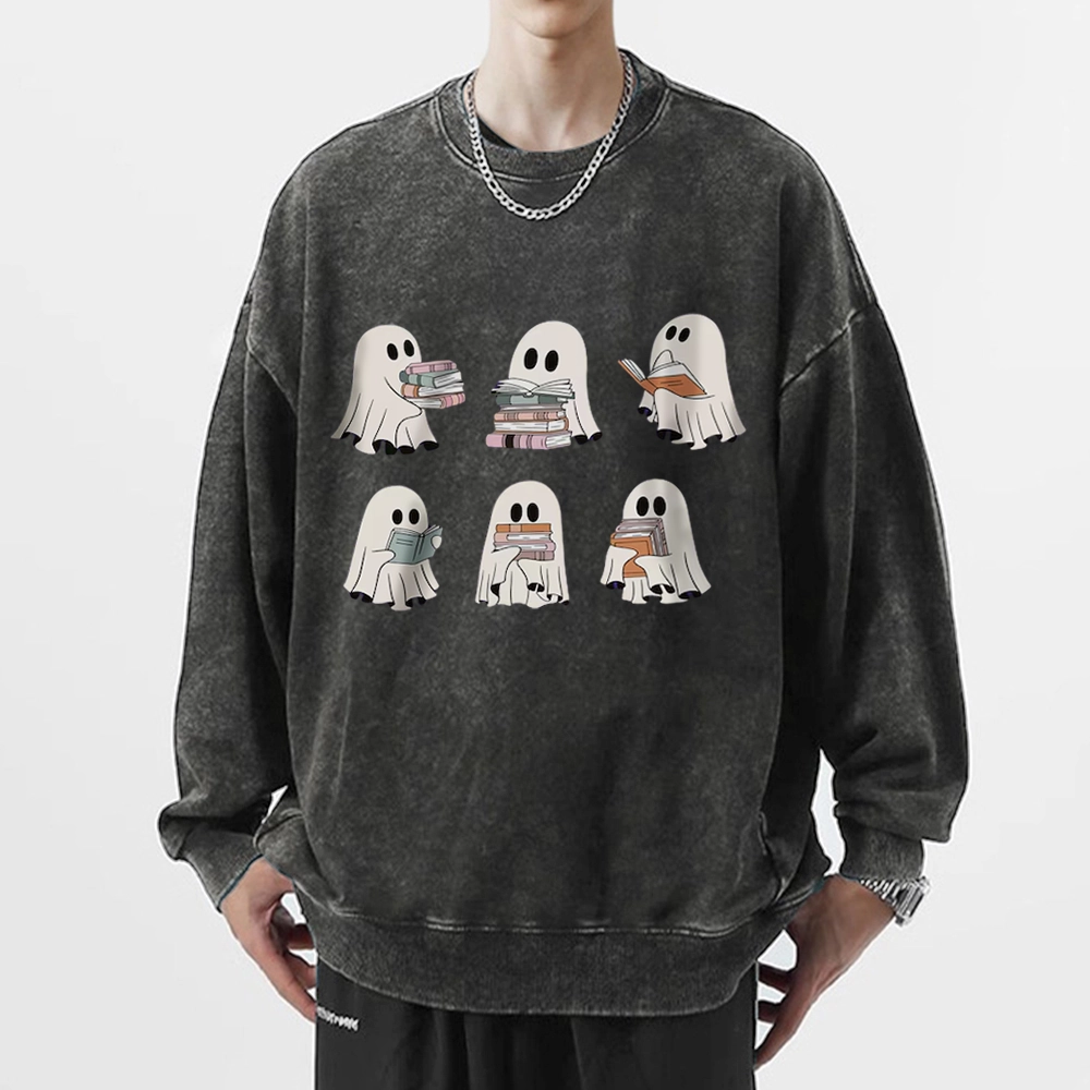 Pagewings Ghost Reading Halloween Unisex Washed Sweatshirt