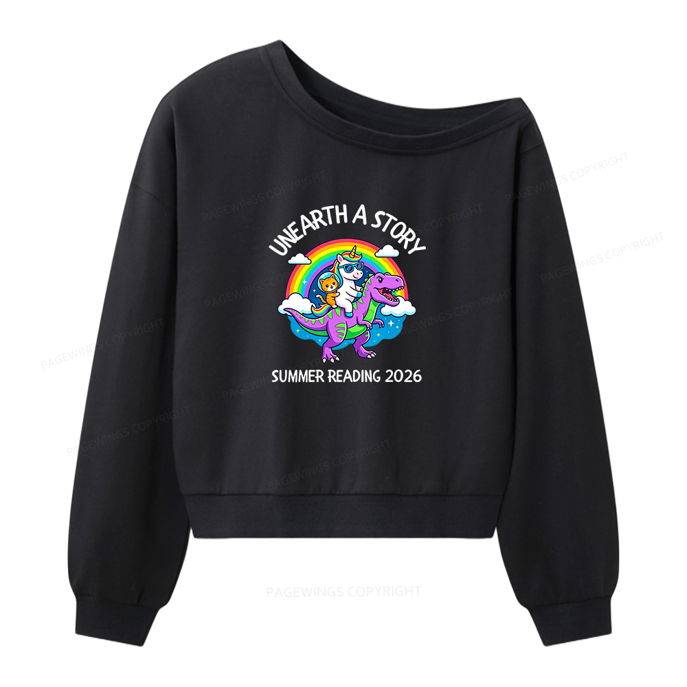 Pagewings Unearth A Story Summer Reading Women Off Shoulder Sweatshirt