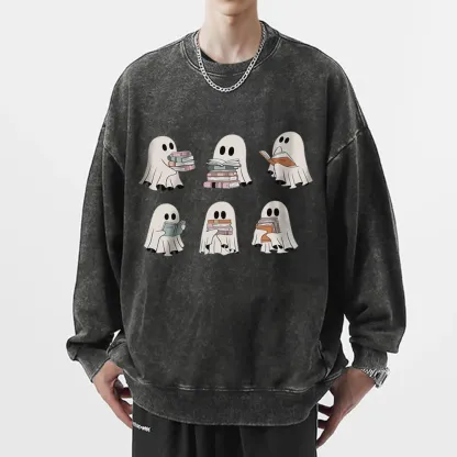 Pagewings Ghost Reading Halloween Unisex Washed Sweatshirt